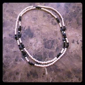 Faux Pearl and Black Stone Necklace